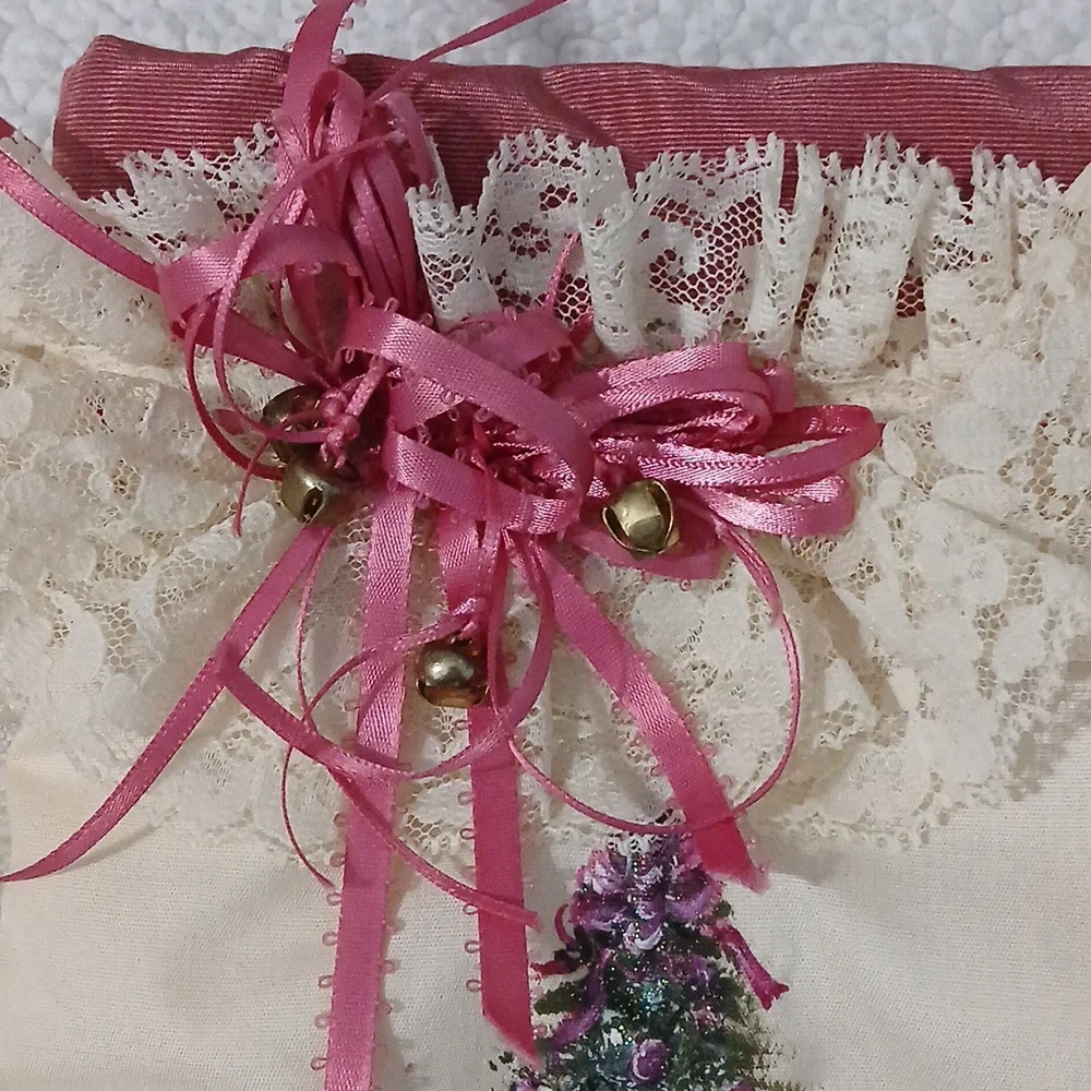 Vintage Hand Painted Christmas Stocking with Lace Trim & Bells - Picture 2 of 5
